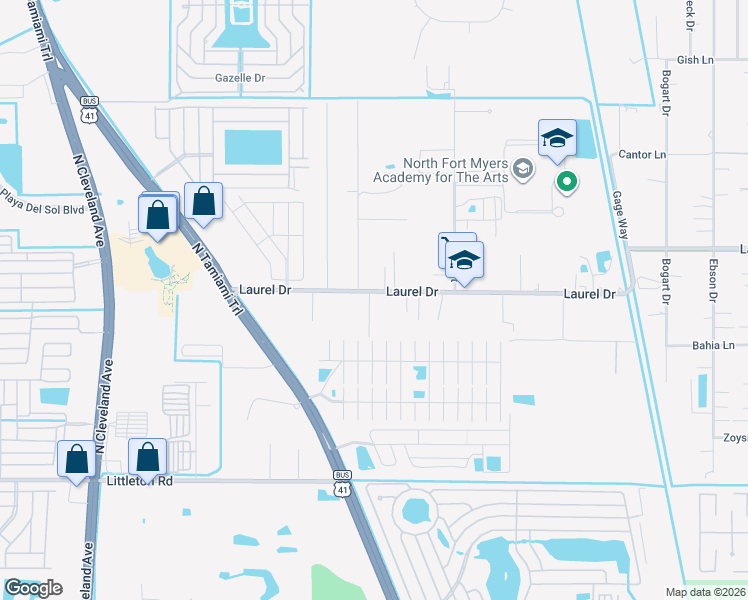 map of restaurants, bars, coffee shops, grocery stores, and more near 1213 Laurel Drive in North Fort Myers