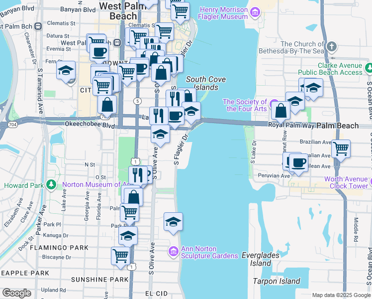 map of restaurants, bars, coffee shops, grocery stores, and more near 1100 South Flagler Drive in West Palm Beach
