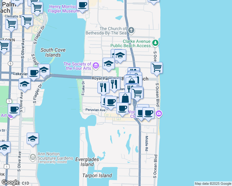map of restaurants, bars, coffee shops, grocery stores, and more near 301 Australian Avenue in Palm Beach