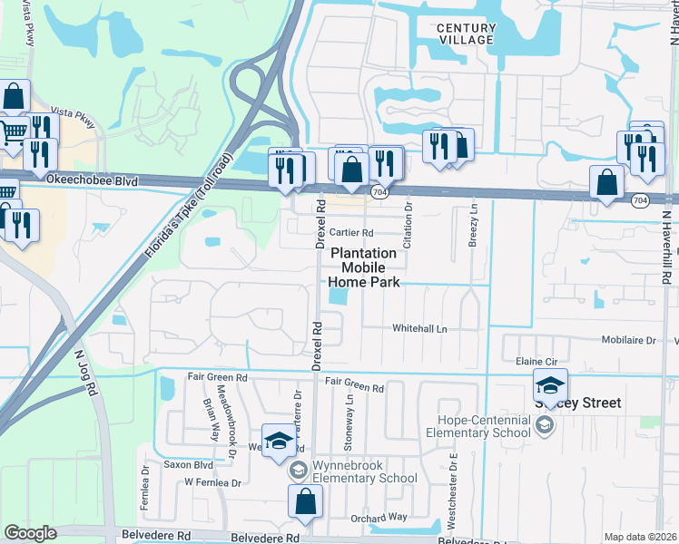 map of restaurants, bars, coffee shops, grocery stores, and more near in Plantation Mobile Home Park