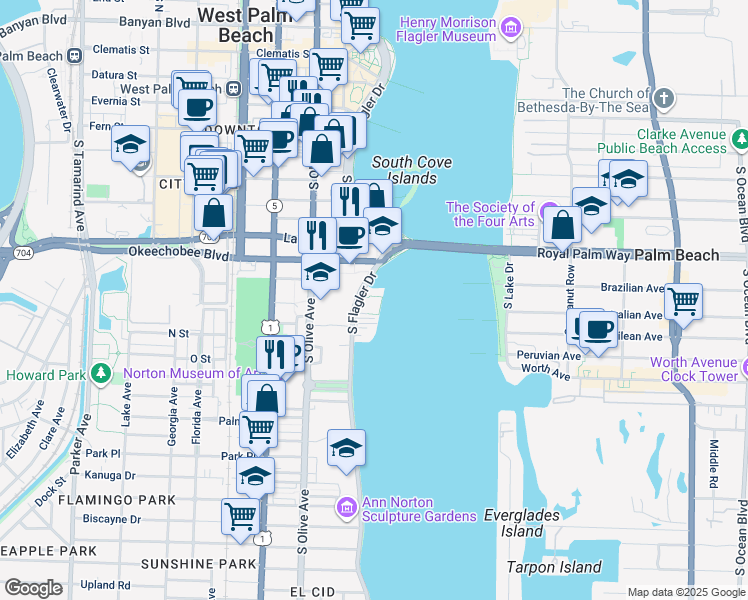 map of restaurants, bars, coffee shops, grocery stores, and more near 1100 South Flagler Drive in West Palm Beach