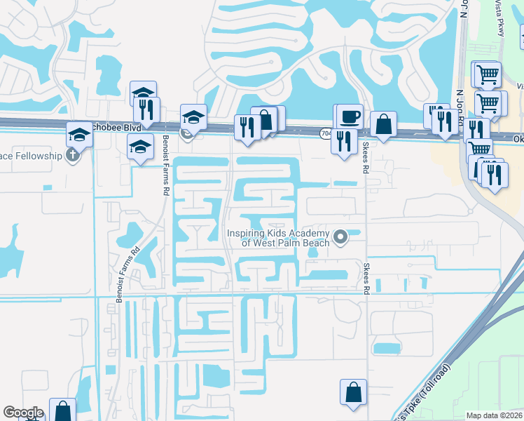 map of restaurants, bars, coffee shops, grocery stores, and more near 301 Lake Dora Drive in Royal Palm Beach