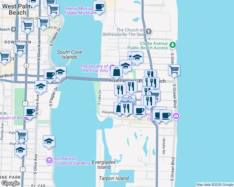 map of restaurants, bars, coffee shops, grocery stores, and more near 403 Brazilian Avenue in Palm Beach