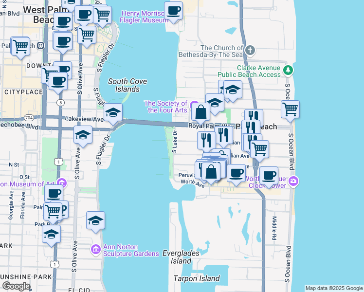 map of restaurants, bars, coffee shops, grocery stores, and more near 500 Brazilian Avenue in Palm Beach