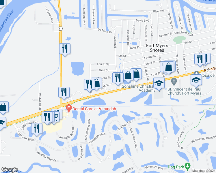 map of restaurants, bars, coffee shops, grocery stores, and more near 12326 First Street in Fort Myers