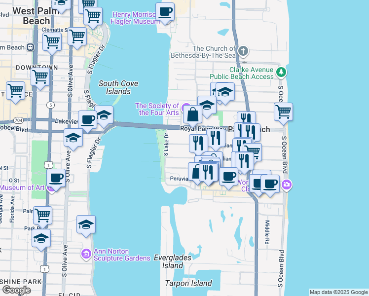 map of restaurants, bars, coffee shops, grocery stores, and more near 424 Brazilian Avenue in Palm Beach