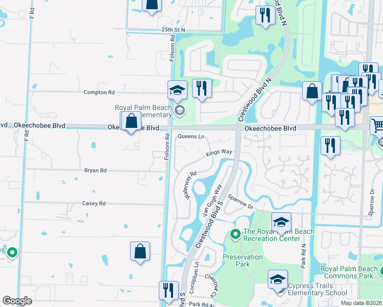 map of restaurants, bars, coffee shops, grocery stores, and more near 111 Princess Court in Royal Palm Beach
