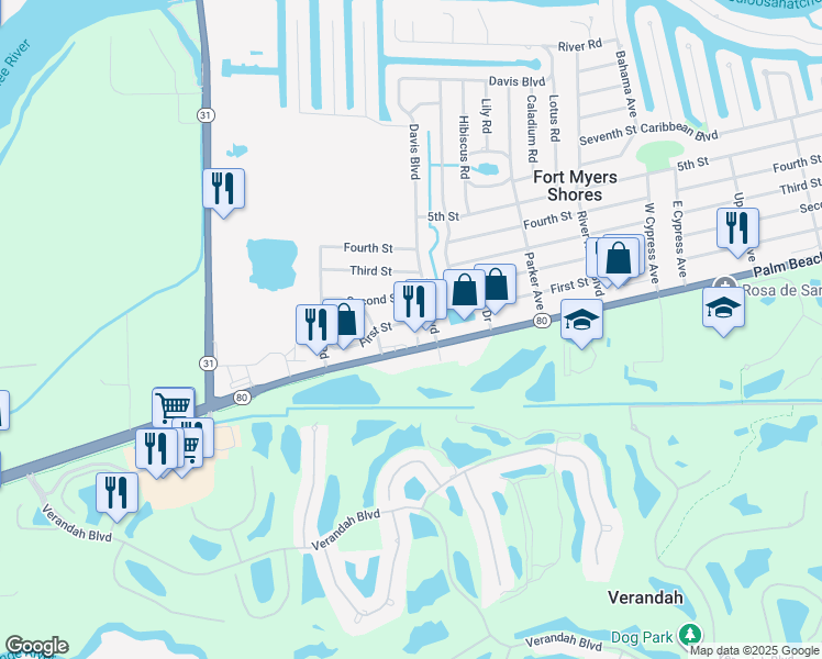 map of restaurants, bars, coffee shops, grocery stores, and more near 12326 First Street in Fort Myers