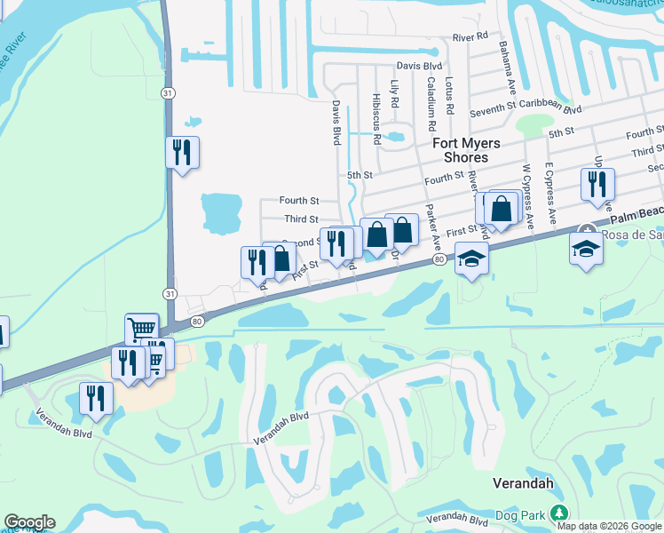 map of restaurants, bars, coffee shops, grocery stores, and more near 12326 First Street in Fort Myers