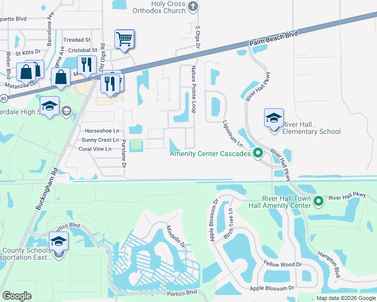 map of restaurants, bars, coffee shops, grocery stores, and more near 2662 Nature Pointe Loop in Fort Myers