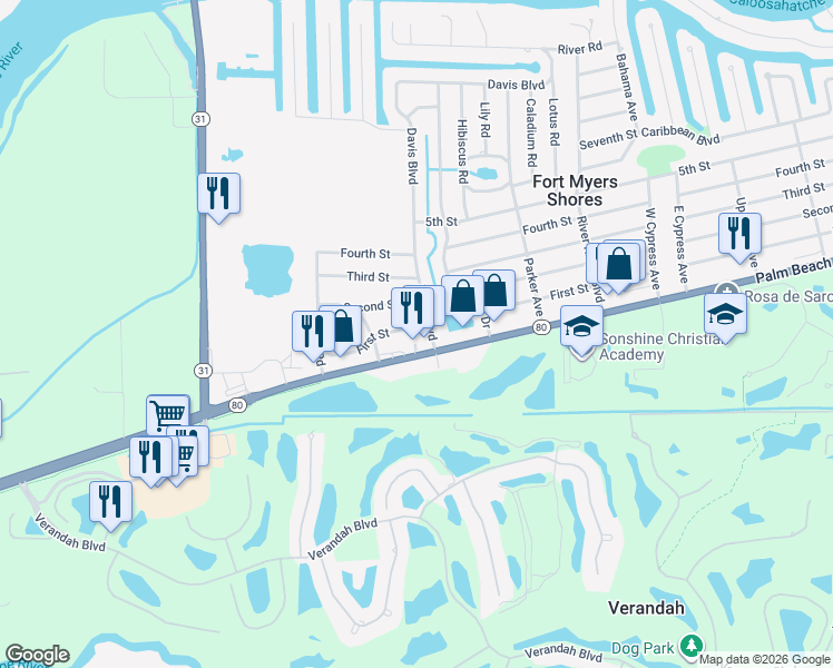 map of restaurants, bars, coffee shops, grocery stores, and more near 2858 Davis Boulevard in Fort Myers