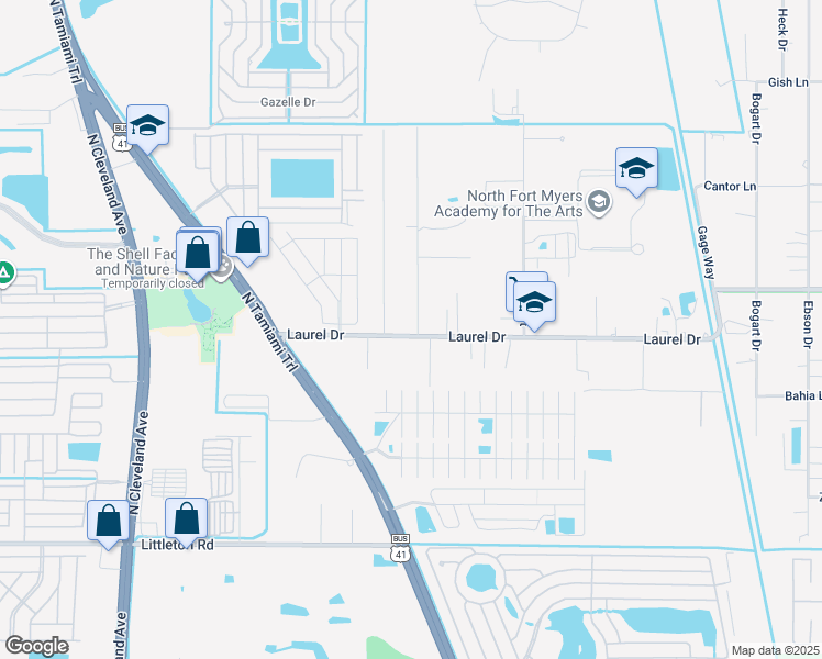 map of restaurants, bars, coffee shops, grocery stores, and more near 1145 Laurel Drive in North Fort Myers