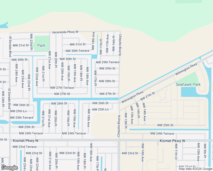 map of restaurants, bars, coffee shops, grocery stores, and more near 1701 Northwest 27th Terrace in Cape Coral