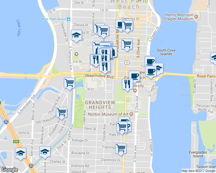 map of restaurants, bars, coffee shops, grocery stores, and more near 900 Florida Avenue in West Palm Beach