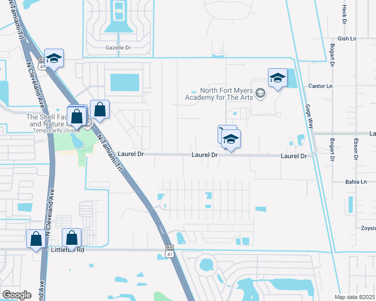 map of restaurants, bars, coffee shops, grocery stores, and more near 1213 Laurel Drive in North Fort Myers