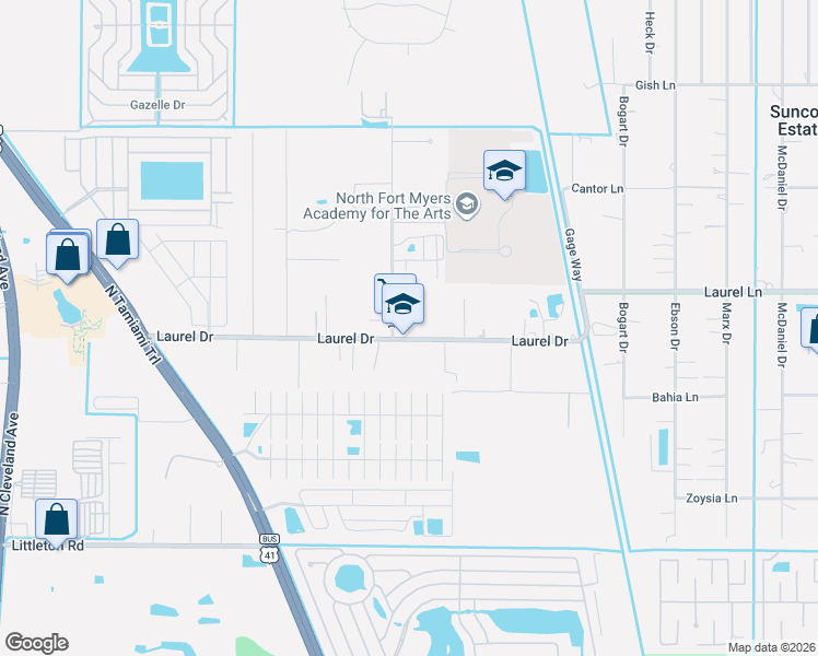 map of restaurants, bars, coffee shops, grocery stores, and more near 1313 Laurel Drive in North Fort Myers