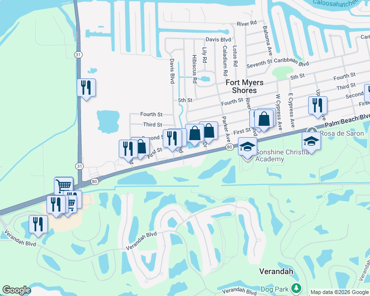 map of restaurants, bars, coffee shops, grocery stores, and more near 2858 Davis Boulevard in Fort Myers