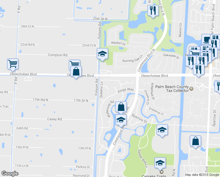 map of restaurants, bars, coffee shops, grocery stores, and more near 111 Princess Court in Royal Palm Beach