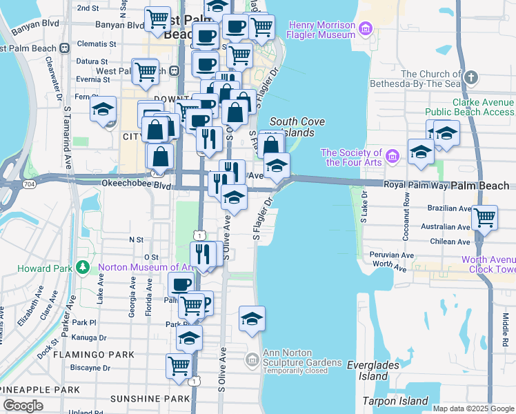 map of restaurants, bars, coffee shops, grocery stores, and more near 1001 South Flagler Drive in West Palm Beach