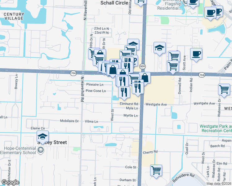 map of restaurants, bars, coffee shops, grocery stores, and more near 4720 Pine Cone Lane in West Palm Beach