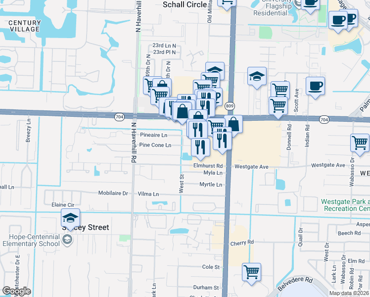 map of restaurants, bars, coffee shops, grocery stores, and more near 4730 Pine Cone Lane in West Palm Beach