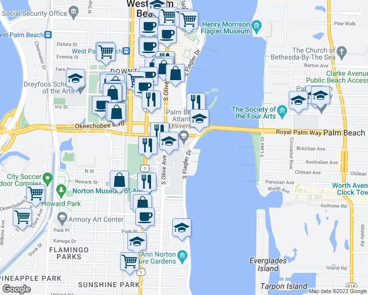 map of restaurants, bars, coffee shops, grocery stores, and more near 1001 South Flagler Drive in West Palm Beach