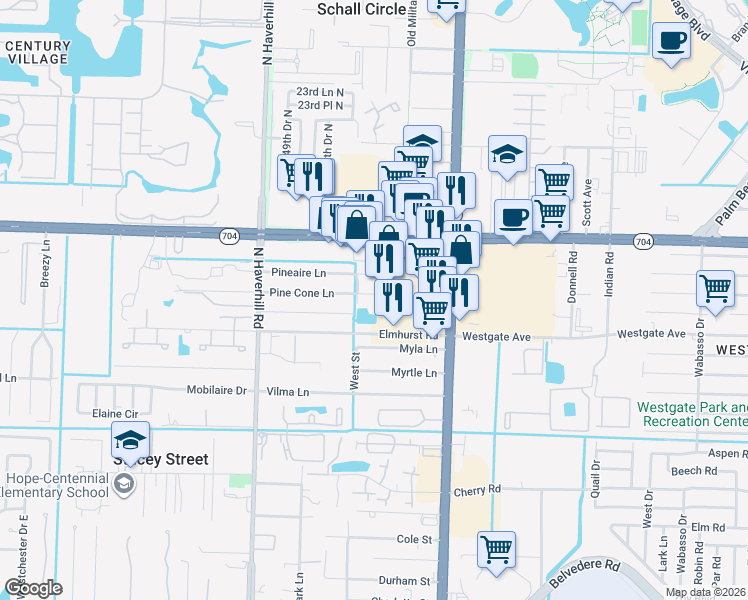 map of restaurants, bars, coffee shops, grocery stores, and more near 4730 Pine Cone Lane in West Palm Beach