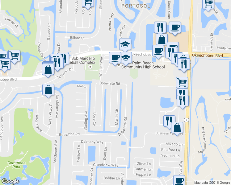 map of restaurants, bars, coffee shops, grocery stores, and more near 199 Martin Cir in Royal Palm Beach