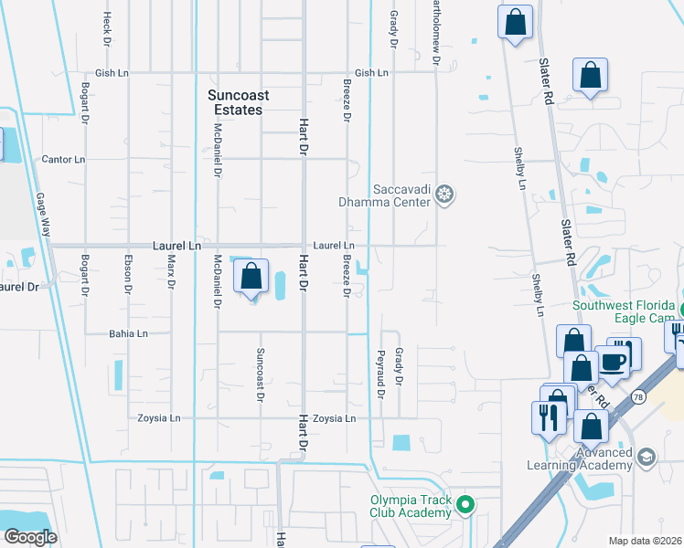 map of restaurants, bars, coffee shops, grocery stores, and more near 7762 Breeze Drive in North Fort Myers