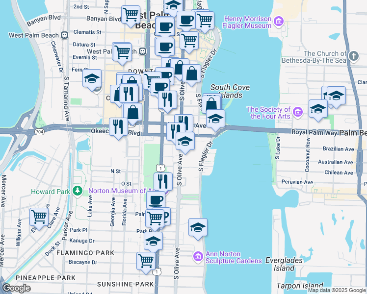 map of restaurants, bars, coffee shops, grocery stores, and more near 1000 South Olive Avenue in West Palm Beach