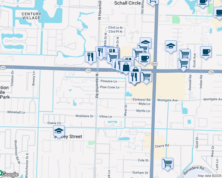 map of restaurants, bars, coffee shops, grocery stores, and more near 4882 Pine Cone Lane in West Palm Beach
