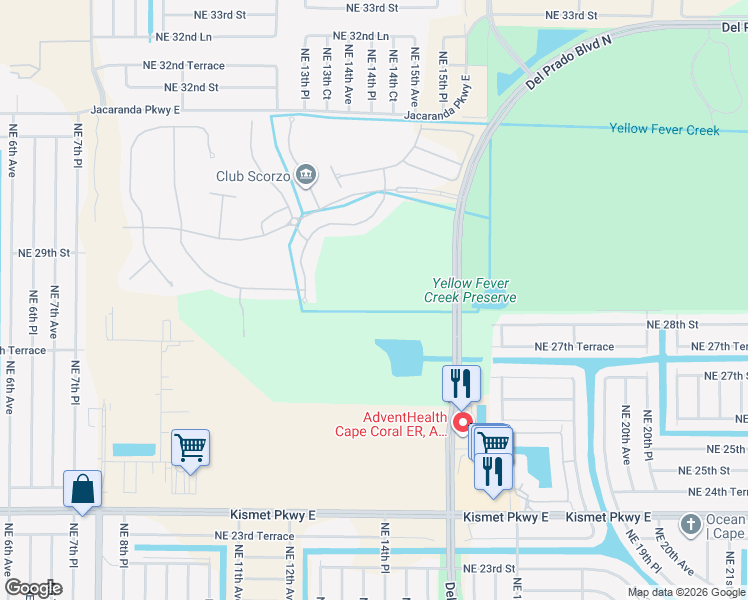 map of restaurants, bars, coffee shops, grocery stores, and more near 3100 Del Prado Boulevard North in Cape Coral