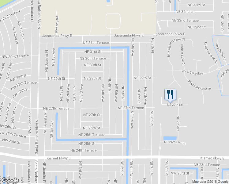 map of restaurants, bars, coffee shops, grocery stores, and more near 2800 Northeast 5th Avenue in Cape Coral