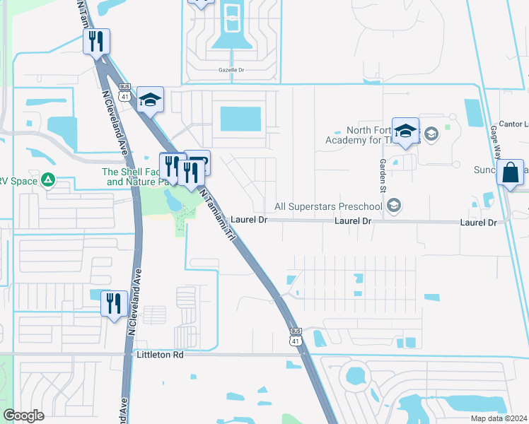 map of restaurants, bars, coffee shops, grocery stores, and more near 2427 Indianwood Drive in North Fort Myers