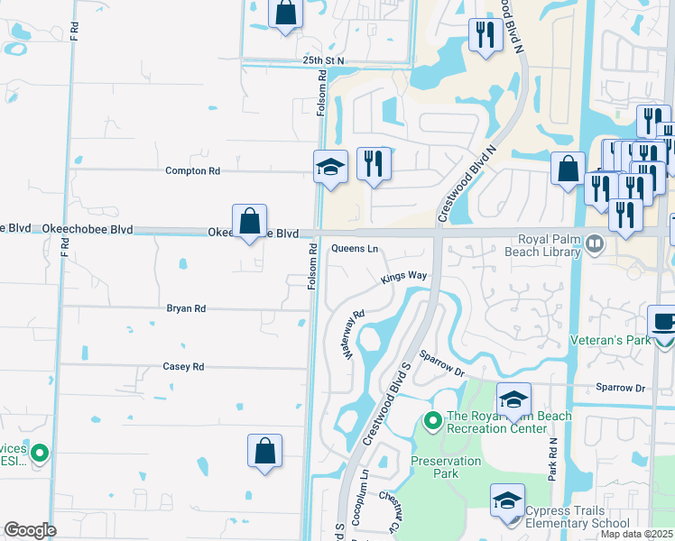 map of restaurants, bars, coffee shops, grocery stores, and more near 102 Princess Court in Royal Palm Beach