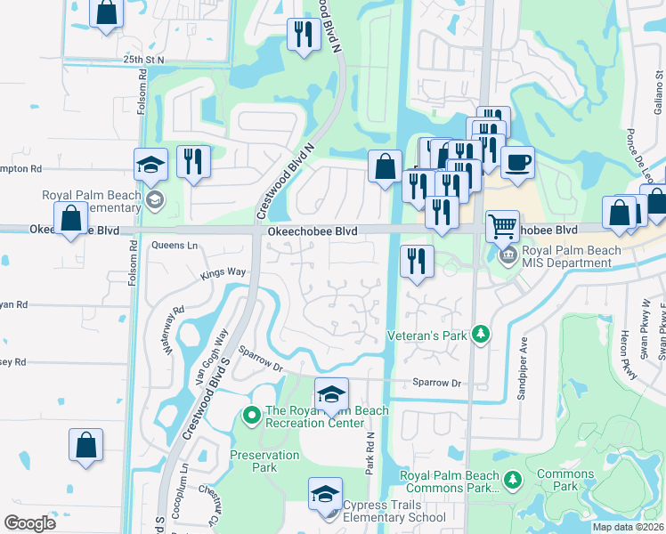 map of restaurants, bars, coffee shops, grocery stores, and more near 134 Weybridge Circle in Royal Palm Beach