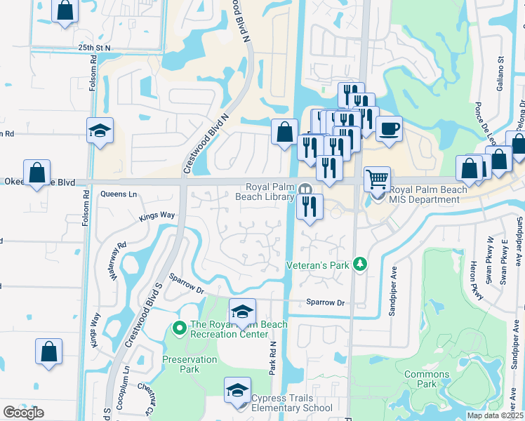 map of restaurants, bars, coffee shops, grocery stores, and more near 124 Weybridge Circle in Royal Palm Beach
