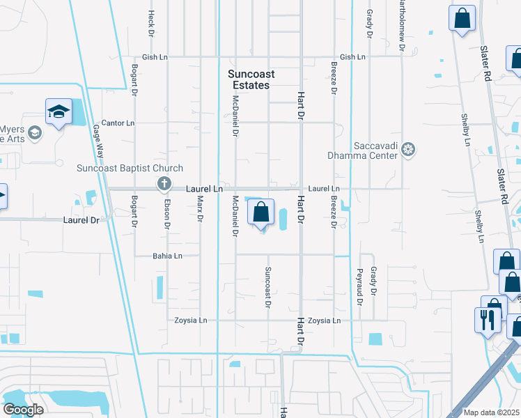 map of restaurants, bars, coffee shops, grocery stores, and more near 7756 Suncoast Drive in North Fort Myers
