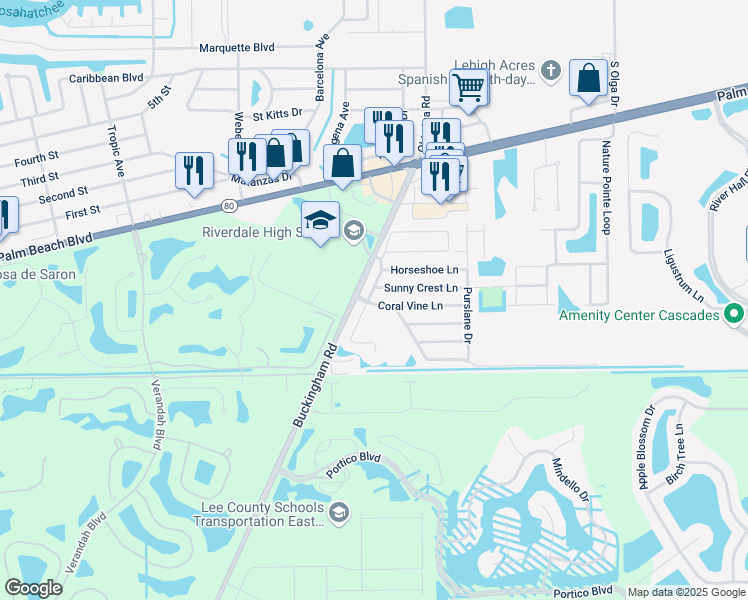 map of restaurants, bars, coffee shops, grocery stores, and more near 15701 Coral Vine Lane in Fort Myers