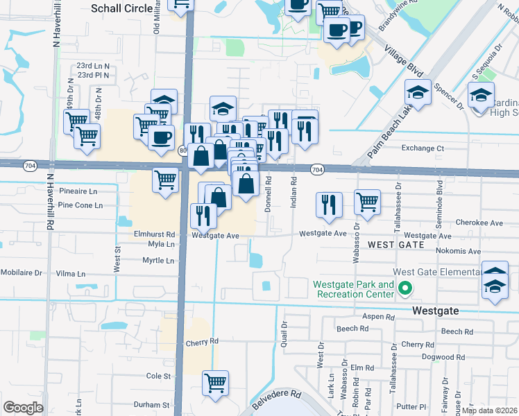 map of restaurants, bars, coffee shops, grocery stores, and more near 1876 Donnell Road in West Palm Beach