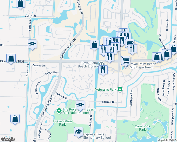map of restaurants, bars, coffee shops, grocery stores, and more near 124 Weybridge Circle in Royal Palm Beach