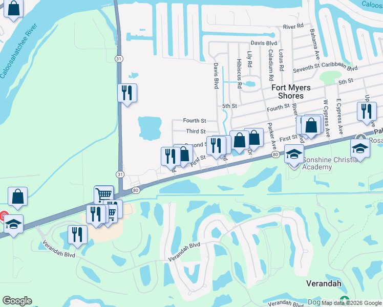 map of restaurants, bars, coffee shops, grocery stores, and more near 2750 Lakeview Drive in Fort Myers