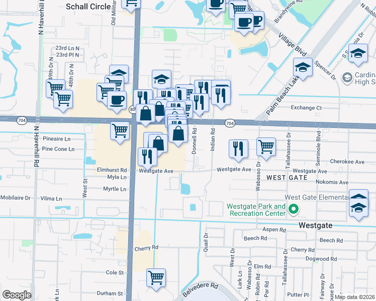 map of restaurants, bars, coffee shops, grocery stores, and more near 1876 Donnell Road in West Palm Beach