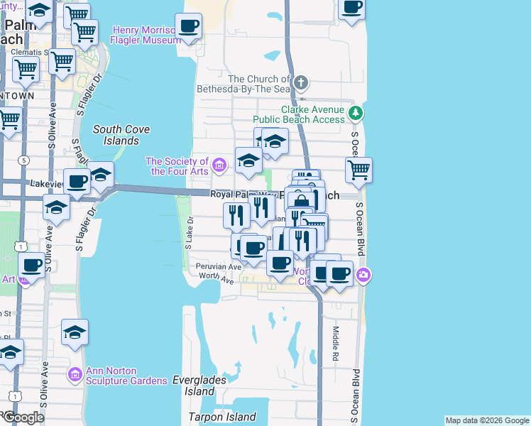 map of restaurants, bars, coffee shops, grocery stores, and more near 249 Brazilian Avenue in Palm Beach