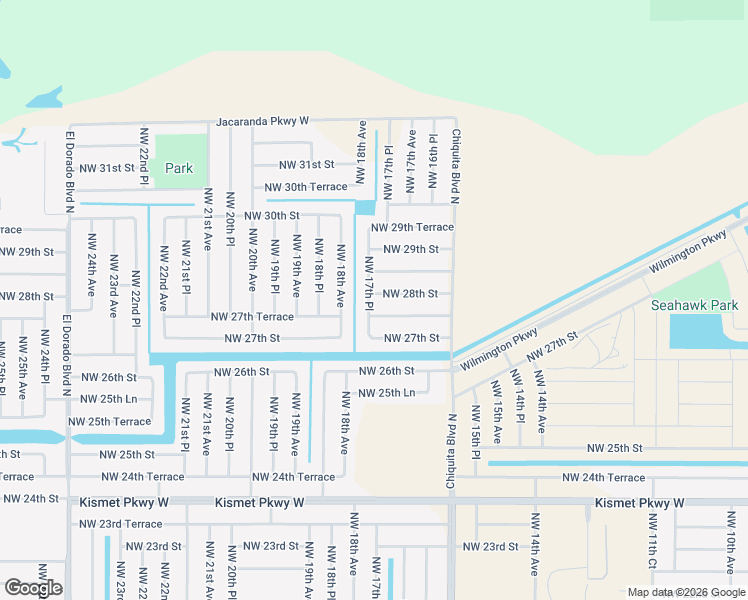 map of restaurants, bars, coffee shops, grocery stores, and more near 1721 Northwest 27th Terrace in Cape Coral