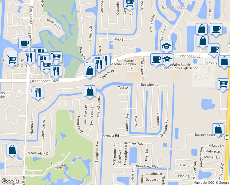 map of restaurants, bars, coffee shops, grocery stores, and more near 129 Eider Court in Royal Palm Beach
