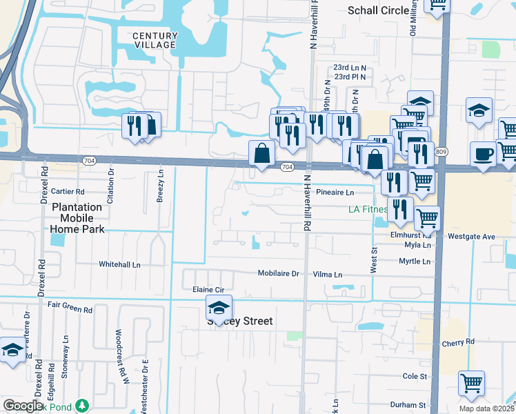 map of restaurants, bars, coffee shops, grocery stores, and more near 5135 Elmhurst Road in West Palm Beach