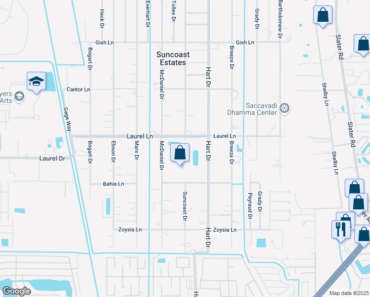 map of restaurants, bars, coffee shops, grocery stores, and more near 7758 Suncoast Drive in North Fort Myers