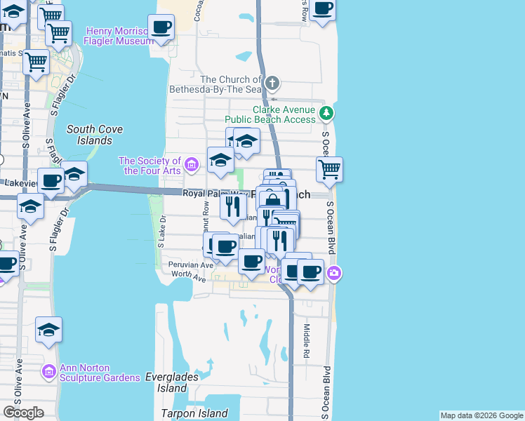 map of restaurants, bars, coffee shops, grocery stores, and more near 217 Brazilian Avenue in Palm Beach