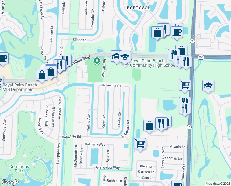 map of restaurants, bars, coffee shops, grocery stores, and more near 199 Martin Circle in Royal Palm Beach